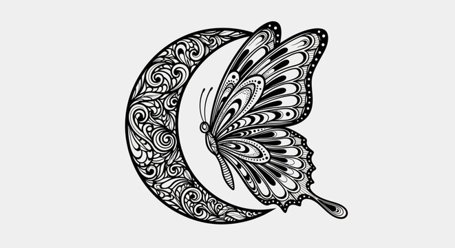Ornate mandala butterfly on crescent moon celestial line art