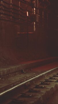 Metal train tracks stretching through a dimly lit underground tunnel. The walls are rough and the lighting creates shadows that add depth to the space.