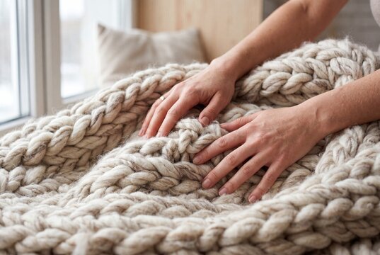 Woman's hands touching a soft chunky knit wool blanket in a cozy home setting