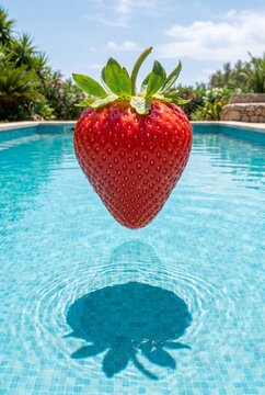 Giant ripe red strawberry levitating above the clear blue water of a swimming pool on a bright sunny day