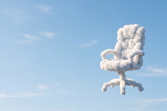Surreal office chair made of fluffy white clouds floating in a clear blue sky, symbolizing remote work and career freedom