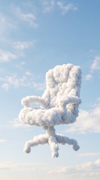 Conceptual office chair made of fluffy white clouds floating in a clear blue sky