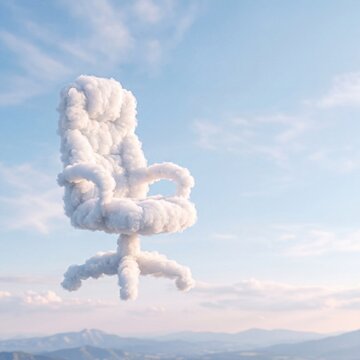 Conceptual 3D illustration of a fluffy office chair made of white clouds floating in a bright blue sky above a mountain landscape