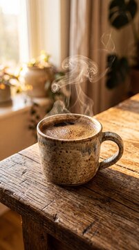 Hot steaming coffee in a ceramic mug on a rustic wooden table with warm morning sunlight