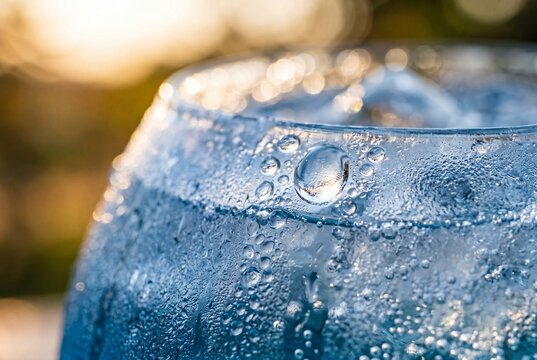 Macro shot of condensation droplets on a cold glass with ice cubes against a warm golden bokeh background