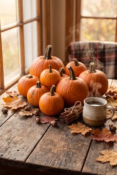 Cozy autumn still life with orange pumpkins, a steaming mug, and cinnamon sticks on a rustic wooden table
