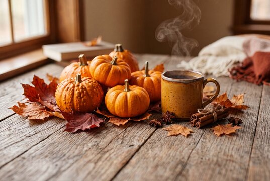 Autumn still life with small pumpkins and steaming mug on rustic wood