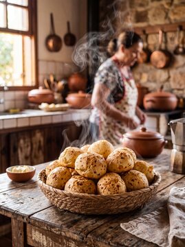 Freshly baked Brazilian cheese bread steaming in a wicker basket on a rustic wooden table with a woman cooking in the background