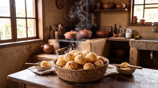 Freshly baked Brazilian cheese bread steaming in a wicker basket on a rustic wooden table in a traditional country kitchen
