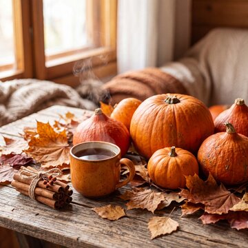Cozy autumn still life with a steaming mug of tea, orange pumpkins, and cinnamon sticks on a rustic wooden table