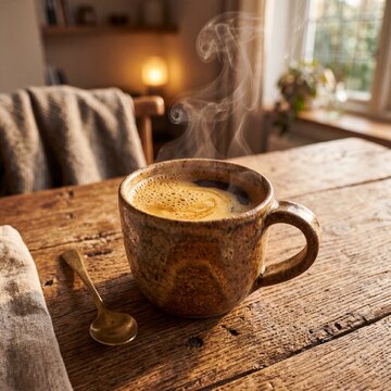 Steaming cup of fresh coffee in a rustic ceramic mug on a wooden table in a cozy home setting