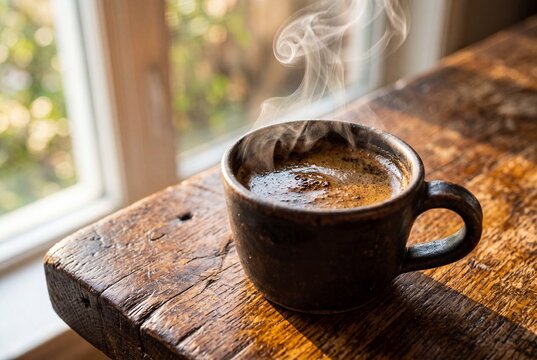 Steaming dark ceramic mug of hot coffee on a rustic wooden table by a window in morning light