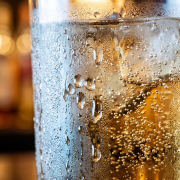 Macro of a cold refreshing beverage in a glass with condensation droplets and rising carbonation bubbles on a blurred bar background