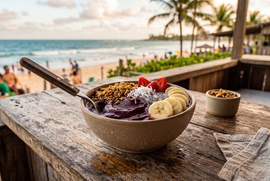 Healthy Acai Bowl with Fresh Fruit and Granola on a Tropical Beach Terrace