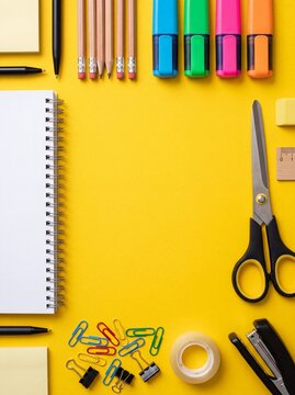 Flat lay of colorful school and office supplies on a bright yellow background with central copy space