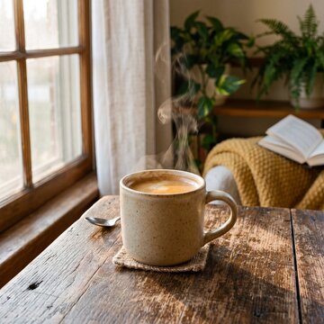 Hot steaming coffee mug on a rustic wooden table in a cozy home interior with natural window light