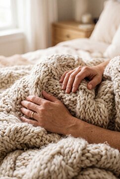 Close-up of hands resting on a thick chunky knit wool blanket in a cozy bedroom setting
