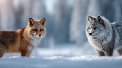 Fototapeta premium Red fox and gray wolf facing each other in cold snowy forest landscape