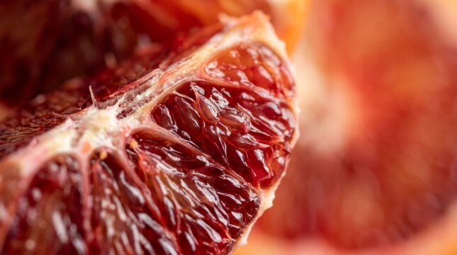 Close-up of a vibrant blood orange slice revealing juicy red segments and fibrous white pith