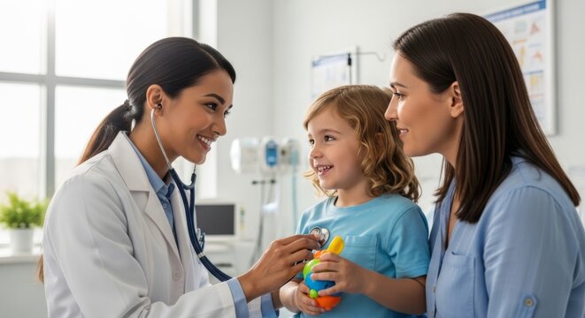 Pediatrician examining happy little boy with stethoscope while mother watches. Childs medical check-up at doctors office with a friendly female physician