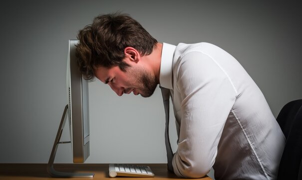 Office worker is leaning over his desk, showing signs of stress and discomfort while sitting for a long period in front of his computer