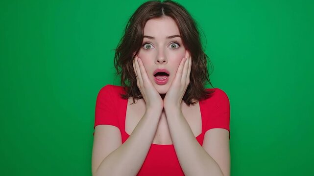 Female holding her hands to her cheeks in surprise