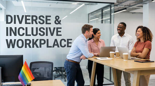Web banner DIVERSE and INCLUSIVE WORKPLACE. Multiethnic business team working in office with rainbow flag. Pride month. LGBT equality, LGBTQ plus diversity. Symbolism of concept love is love.