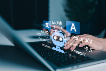 AI language translation and multilingual communication concept. person using laptop with virtual bot, speech bubbles, chatbot, and global language text showing online translator and smart support. © Sandwish