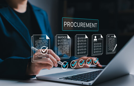 Business procurement management concept. Businesswoman using laptop with invoice checklist, purchasing orders, review, contract document approval, payment workflow, verified purchase, sourcing process