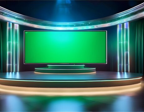 modern virtual tv show background with green screen ideal for tech infomercial stages