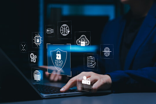 Zero trust cybersecurity and secure access protection concept. Person using laptop with virtual shield, lock, cloud, fingerprint, password, and network icons. identity verification, data security,