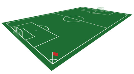 Soccer Field Corner: An empty soccer field viewed from the corner flag, showing the expanse of green turf, goalposts, and markings ready for a match. © Duran