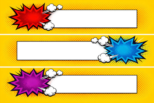 Comic book horizontal web banners set with speech bubbles, explosion bursts, smoke clouds and halftone dot patterns on yellow background. Retro pop art design elements for advertising and promo text.