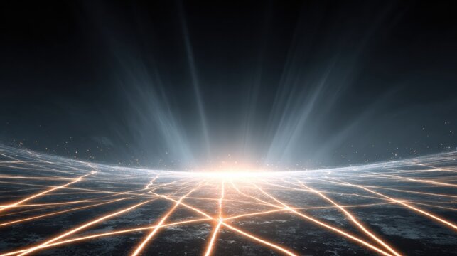 Glowing routes connect in a design representing a football tournament bracket, leading to a bright point, with space for additional information.
