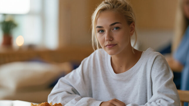 Young woman in an eating disorder recovery day program seated at a supervised meal table in a clinical facility, a registered dietitian nearby offering encouragement, the fragile