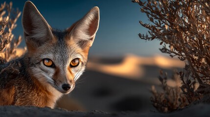 Fototapeta premium Desert Fox Partially Hidden Behind Shrubs in Arid Landscape