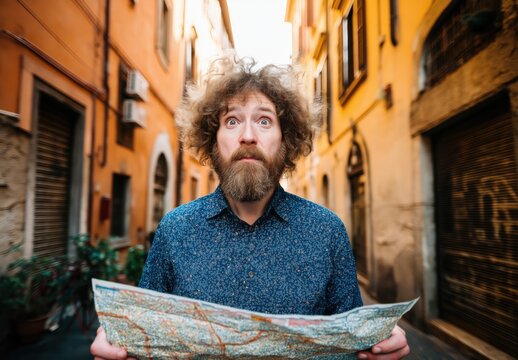 A man stands in a narrow street in Rome holding a map while looking confused, trying to find his way around the city