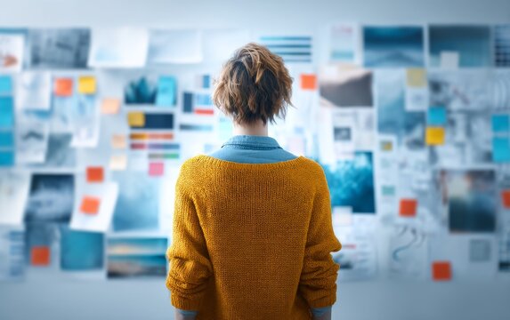 Woman Standing in Front of a Creative Wall Covered with Visuals