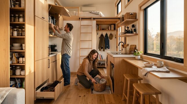 Couple Organizing Full Tiny Home Interior With Clever Built In Storage