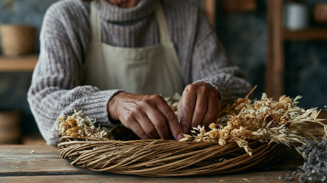 Funeral floral designer creates harvest wreath arrangement for autumn memorial service in modest backroom studio, dried seedheads and late summer botanicals woven on willow frame,