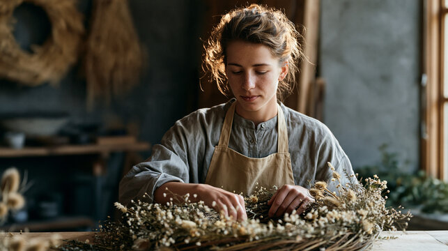 Funeral floral designer creates harvest wreath arrangement for autumn memorial service in modest backroom studio, dried seedheads and late summer botanicals woven on willow frame,