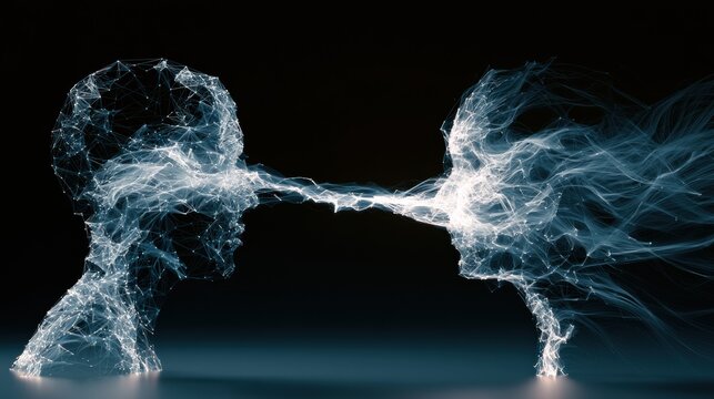 A luminous bridge links a domain experts structured knowledge to an AI systems expanding understanding in a dark space.