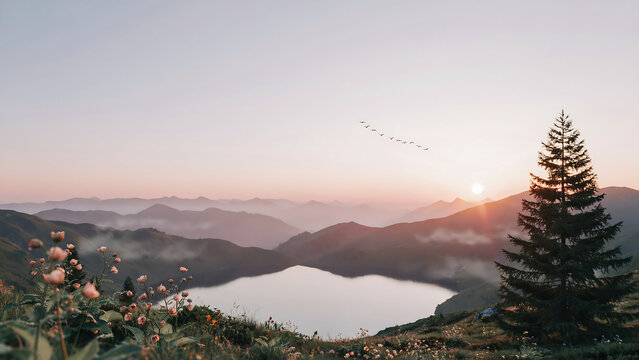 A lone pine tree stands by a mountain lake at sunrise isolated on a transparent background