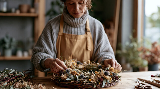 Funeral floral designer creates harvest wreath arrangement for autumn memorial service in modest backroom studio, dried seedheads and late summer botanicals woven on willow frame,