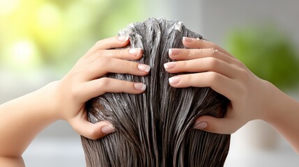 Naklejka premium Hands Applying Hair Treatment with Cream in Soft Light Setting