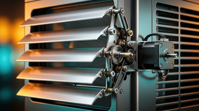 Close up of air conditioner louvers and motorized gear mechanism. Industrial HVAC ventilation system detail. Technical cooling equipment component