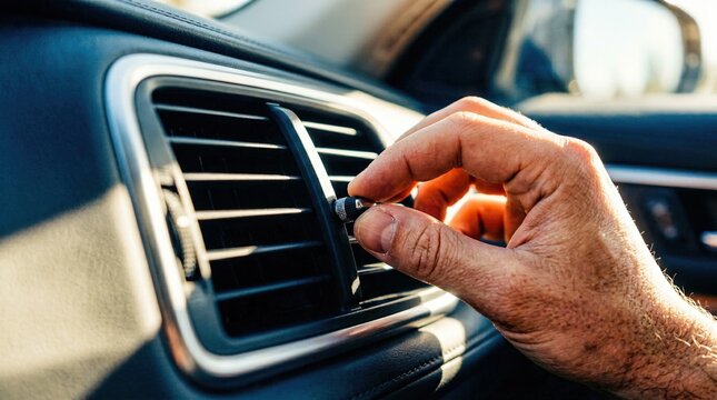 Hand adjusting an air conditioning vent in a car. Close up of person controlling airflow on vehicle dashboard. Automotive climate control and comfort