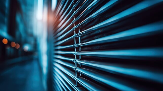 Abstract blue metal louvers of a ventilation system. Close up of industrial air conditioning vents with bokeh lights. Modern technical background