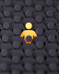 Obraz premium Golden 3D figure standing out from a crowd of identical dark silhouettes, business leadership concept, unique talent acquisition and individuality metaphor