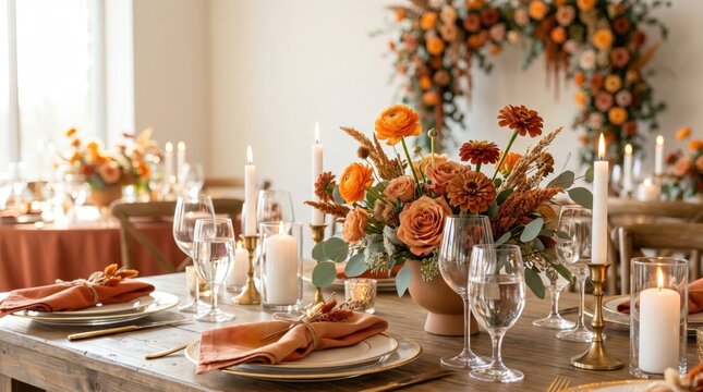 Elegant wedding table setting with terracotta orange rose flowers, rustic wooden table, lit candles and glassware for romantic autumn banquet celebration in terracotta and burnt orange colors